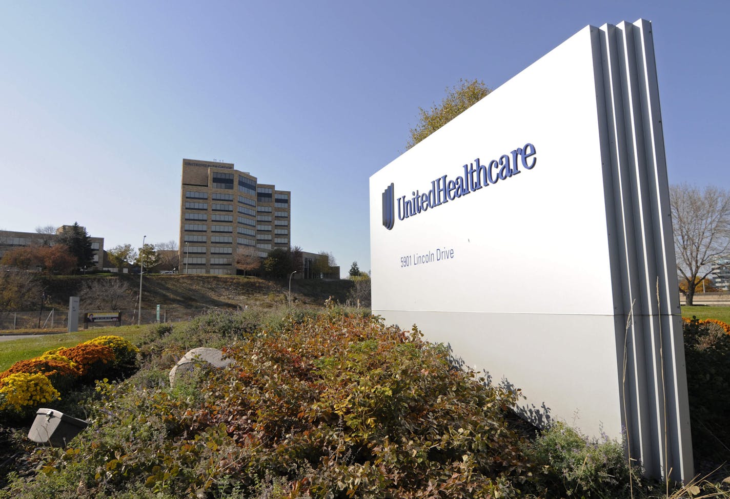 FILE - This Tuesday, Oct. 16, 2012, file photo, shows a portion of the UnitedHealth Group Inc.'s campus in Minnetonka, Minn. UnitedHealth Group reports financial results Tuesday, Jan. 15, 2019. (AP Photo/Jim Mone, File)