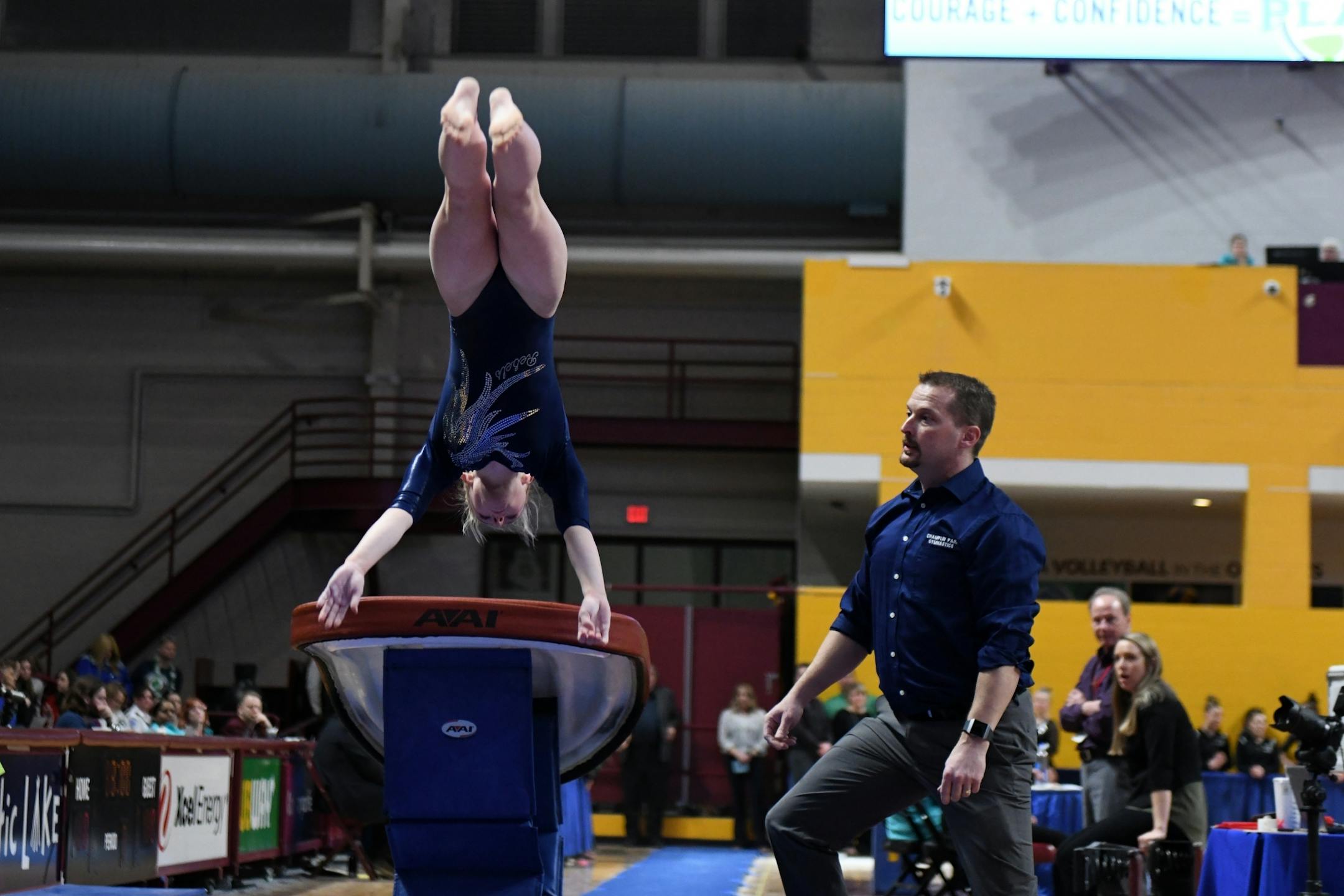 Chaney Neu of Champlin Park performed on the vault and received a perfect score.