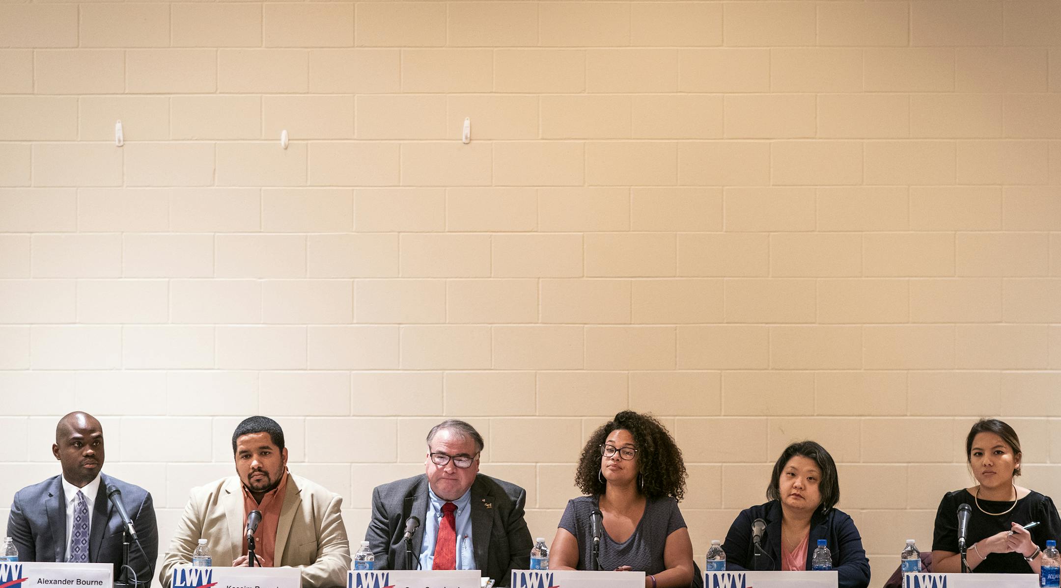 The St. Paul City Council Ward 6 candidate forum included, from left, Alexander Bourne, Kassim Busuri, Greg Copeland, Danielle Swift, Terri Thao and Nelsie Yang.