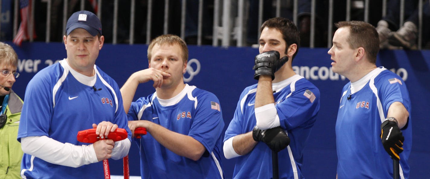 American's, from left, John Shuster, Jeff Isaacson, Jason Smith and John Benton, pause during a break in a match against Switzerland during round robin session 2 of men's curling at the Vancouver 2010 Olympics in Vancouver, British Columbia, Wednesday, Feb. 17, 2010. (AP Photo/Robert F. Bukaty) ORG XMIT: OLYCU159