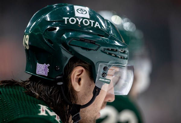A corporate sponsorship Toyota decal on the helmet of Victor Rask of the Minnesota Wild. 