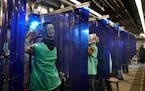 Pine Technical and Community College welding students worked in the college’s mobile welding lab in Pine City, Minn.