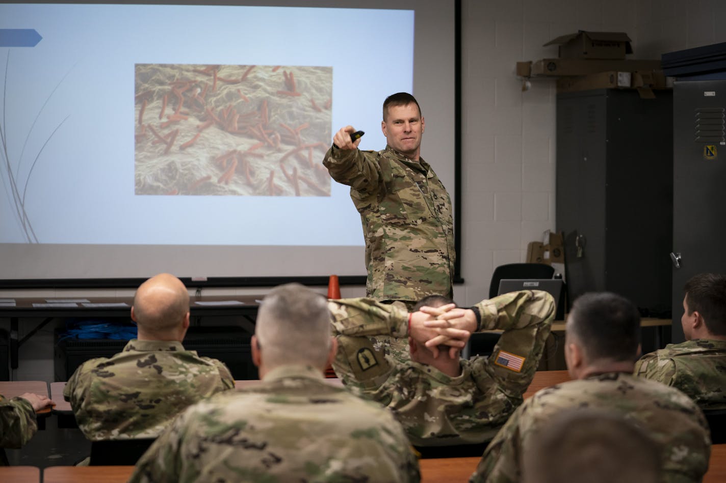 Sgt. First Class Joshua Guyse gave a presentation in February to a group of Minnesota National Guard instructors about mental health at Camp Ripley in Little Falls, Minn.