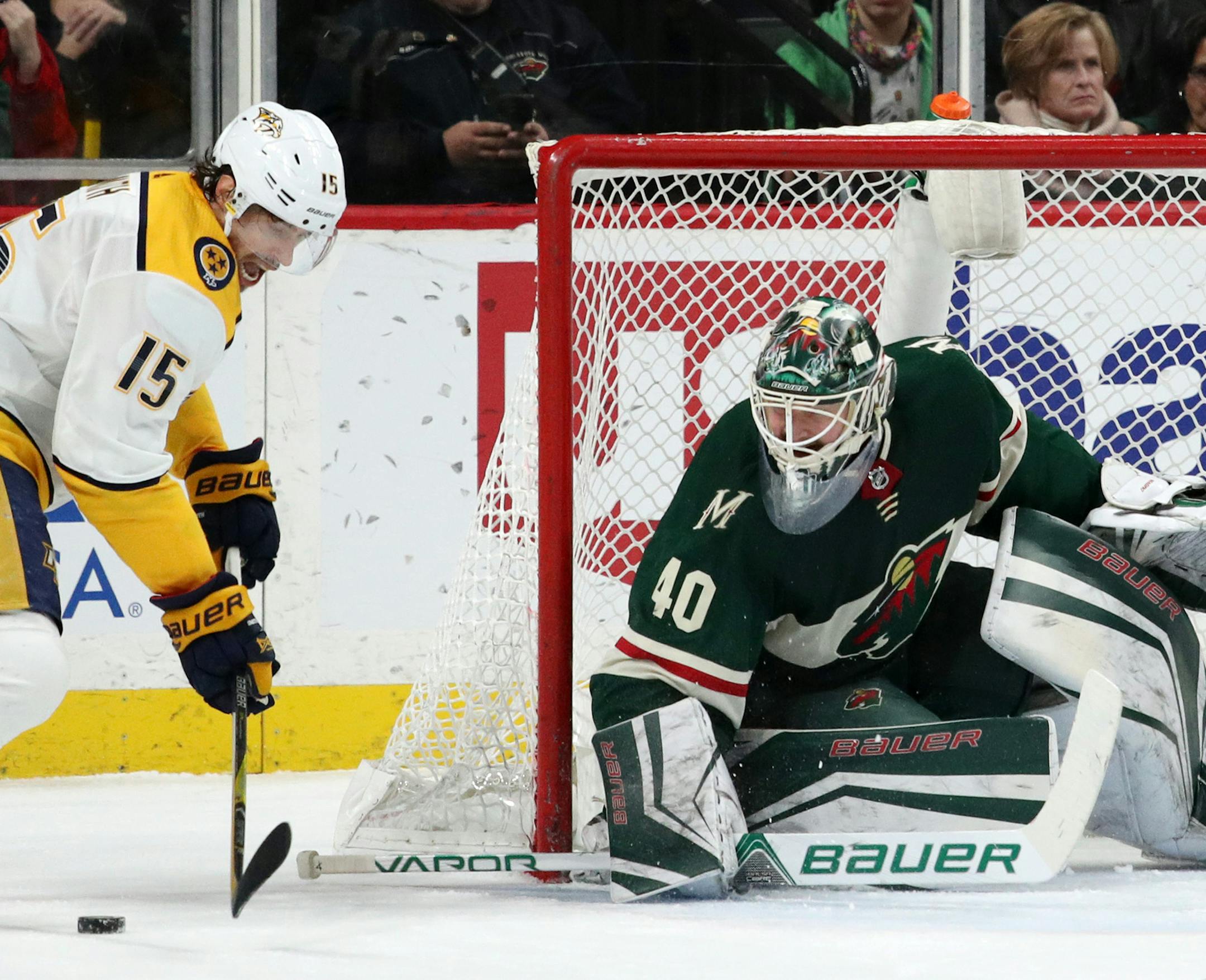 Minnesota Wild goaltender Devan Dubnyk (40) went down to make a save on a shot by Nashville Predators right wing Craig Smith (15) in the first period. ] ANTHONY SOUFFLE &#xef; anthony.souffle@startribune.com The Minnesota Wild played the Nashville Predators in an NHL game Friday, Dec. 29, 2017 at the Xcel Energy Center in St. Paul, Minn.