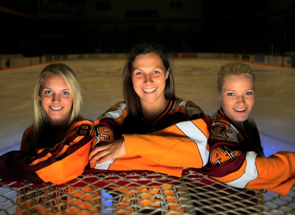 Gophers women's hockey players Amanda Kessel, Megan Bozek and Noora Raty.