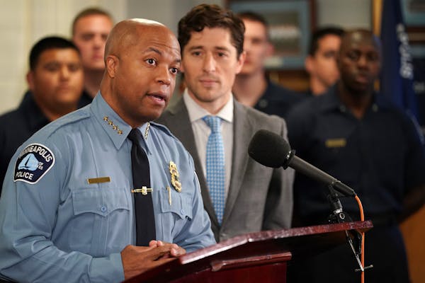 Police Chief Medaria Arradondo spoke as Mayor Jacob Frey stood by after announcing he has appointed Arradondo to another term. ] ANTHONY SOUFFLE &#x20