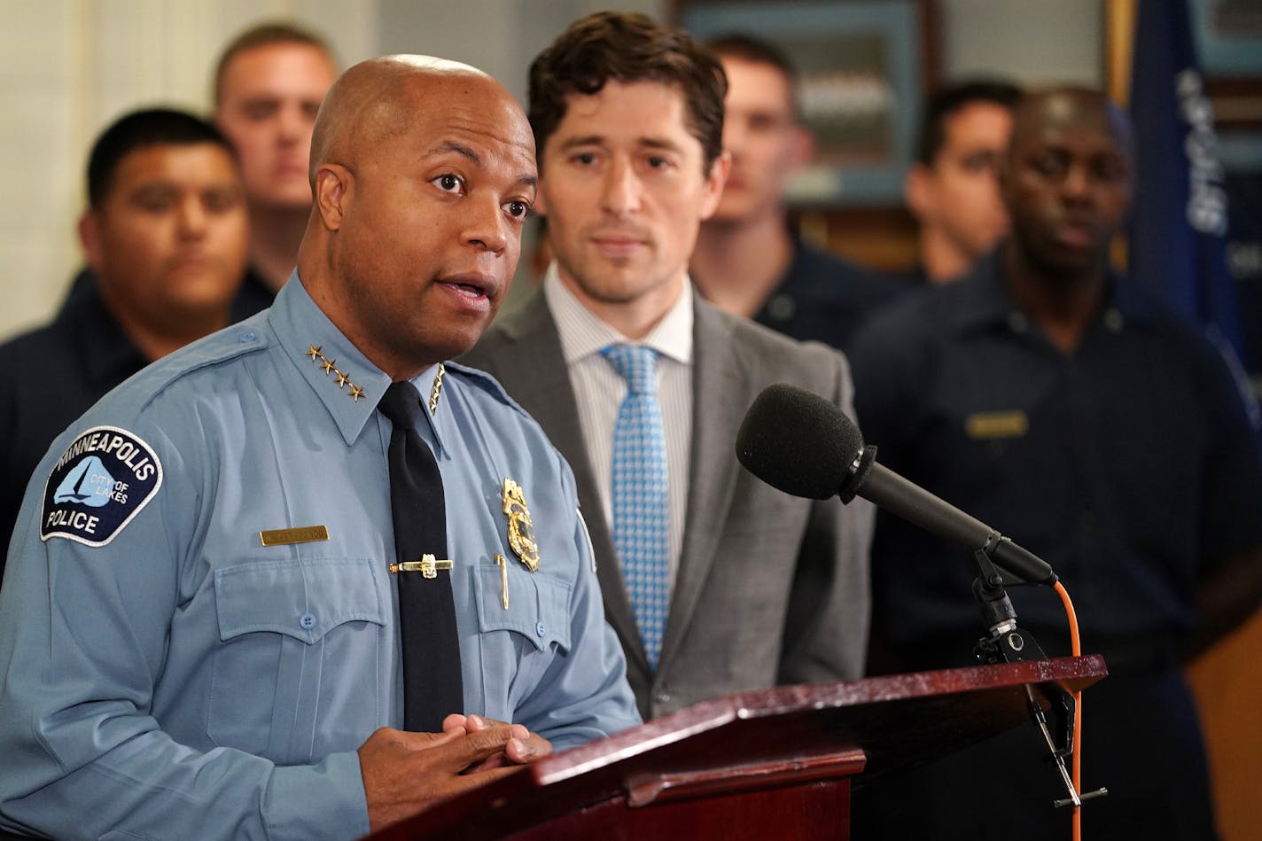 Police Chief Medaria Arradondo spoke as Mayor Jacob Frey stood by after announcing he has appointed Arradondo to another term. ] ANTHONY SOUFFLE &#x2022; anthony.souffle@startribune.com Mayor Jacob Frey held a news conference to announce that he has appointed Police Chief Medaria Arradondo for another term Thursday, Nov. 1, 2018 at the Minneapolis Police Department's Special Ops Center in north Minneapolis.