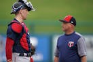 Minnesota Twins catcher Jason Castro (15) talked with pitching coach Wes Johnson