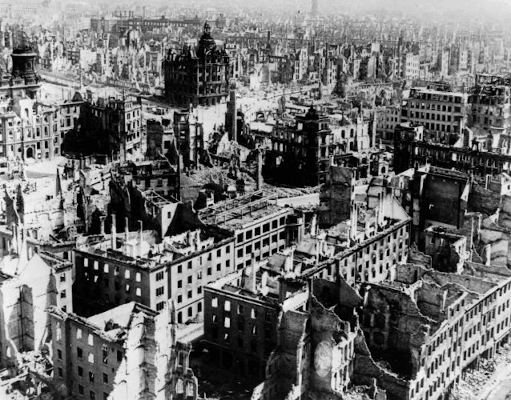 The demolished city of Dresden is shown after the allied forces air raids on February 13th and 14th, 1945. 35,000 people were killed. The city was laid in ruins on an area of 15 square kilometers. 85 per cent of the houses, among them 75,000 dwellings and the unique monuments of the Baroque architecture were eradicated.