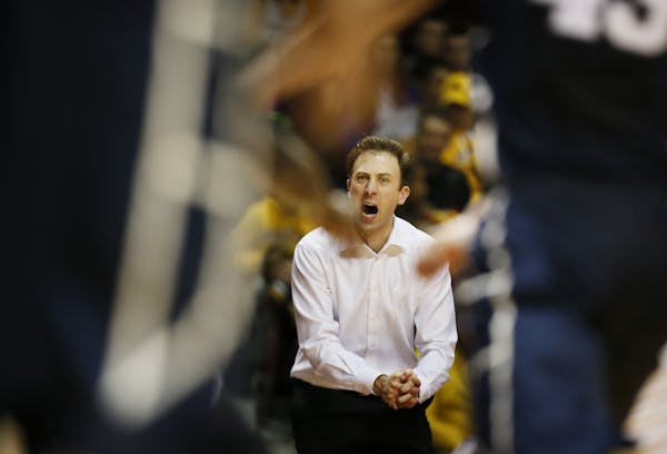 Minnesota coach Richard Pitino shouted instruction to his team in the second half. Minnesota lost to Penn State79-76 at Williams Arena Sunday March 8,