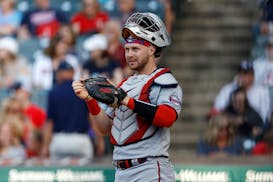 Minnesota Twins catcher Ryan Jeffers plays against the Cleveland Guardians during the first inning of a baseball game Monday, June 27, 2022, in Clevel