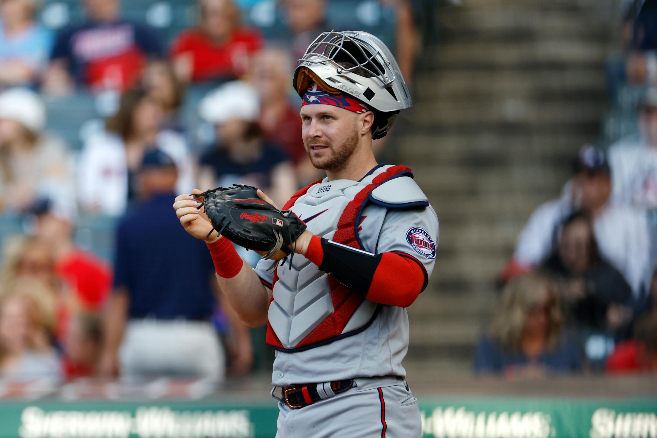 Minnesota Twins catcher Ryan Jeffers plays against the Cleveland Guardians during the first inning of a baseball game Monday, June 27, 2022, in Cleveland. (AP Photo/Ron Schwane)