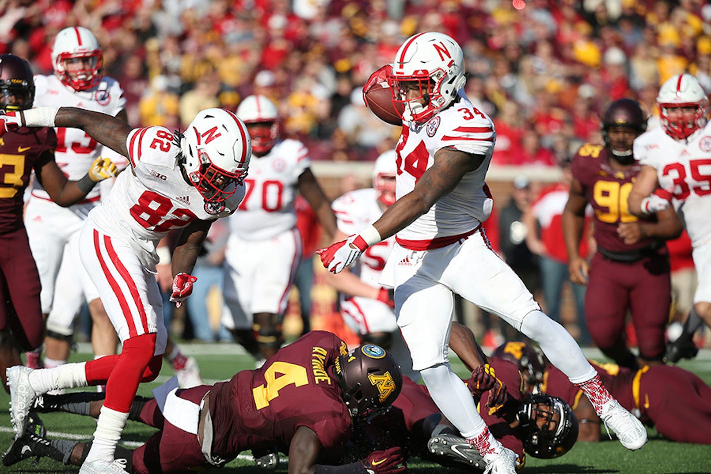 Nebraska's running back Terrell Newby plowed through Minnesota defense for a second quarter touchdown as the Gophers took on Nebraska at TCF Bank Stadium, Saturday, October 17, 2015 in Minneapolis, MN.