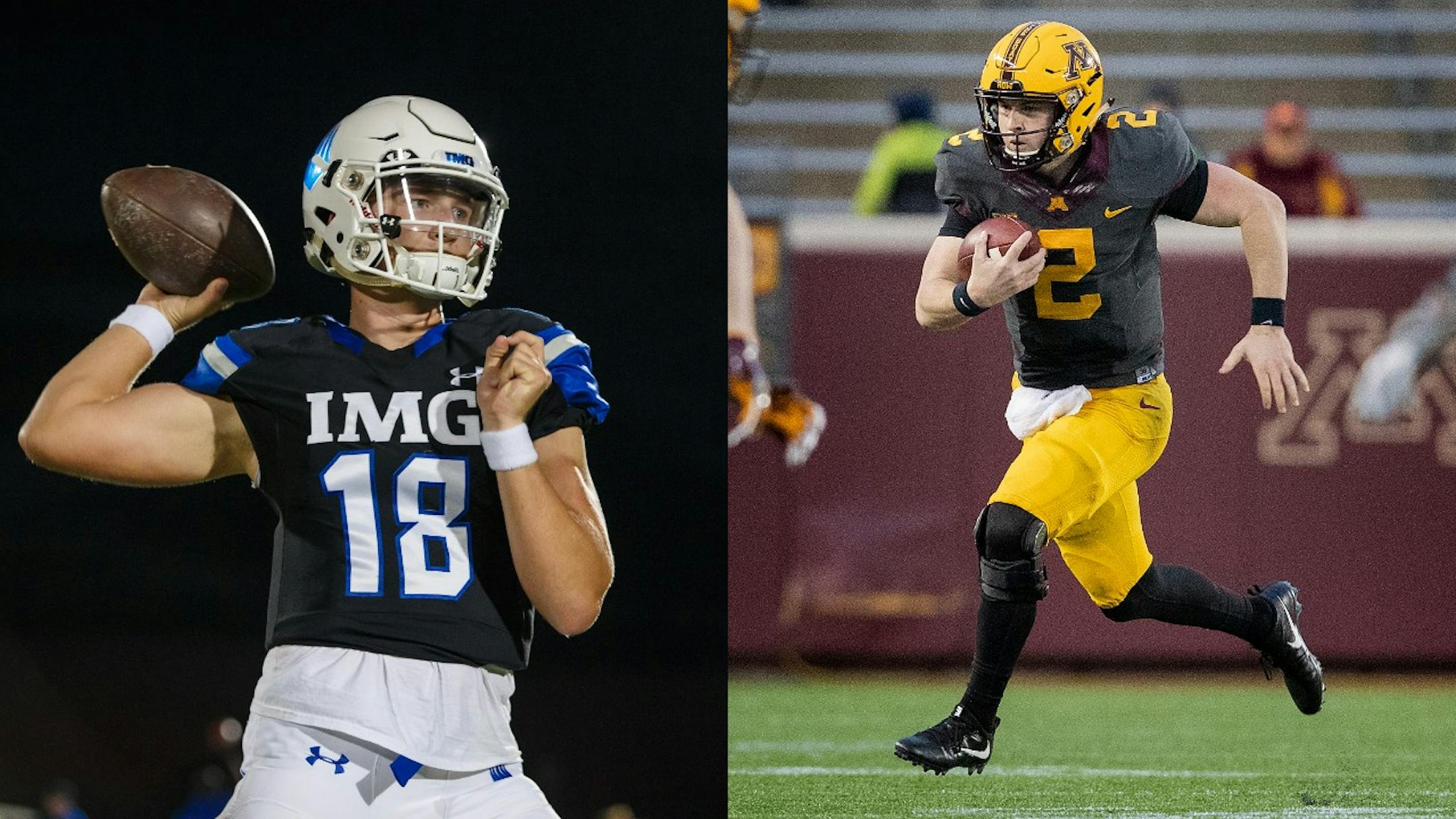 Redshirt freshman Tanner Morgan, right, and early enrollee true freshman Zack Annexstad will compete for the Gophers' starting quarterback job.