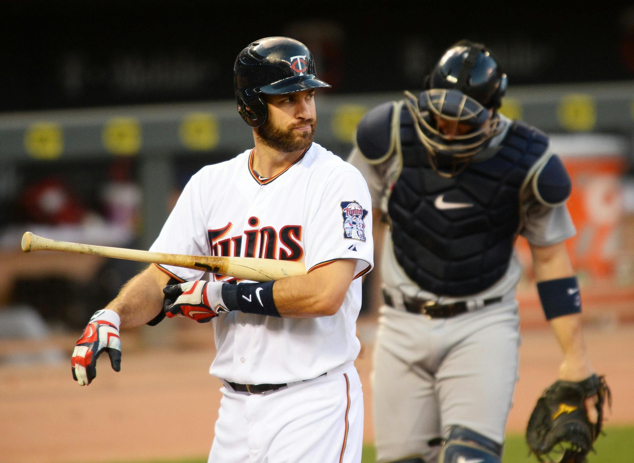 Minnesota Twins first baseman Joe Mauer (7) looked on in frustration after being struck out by Seattle Mariners starting pitcher Taijuan Walker (32) in the bottom of the fourth. ] Aaron Lavinsky • aaron.lavinsky@startribune.com The Minnesota Twins play the Seattle Mariners on Friday, July 31, 2015 at Target Field in Minneapolis, Minn.