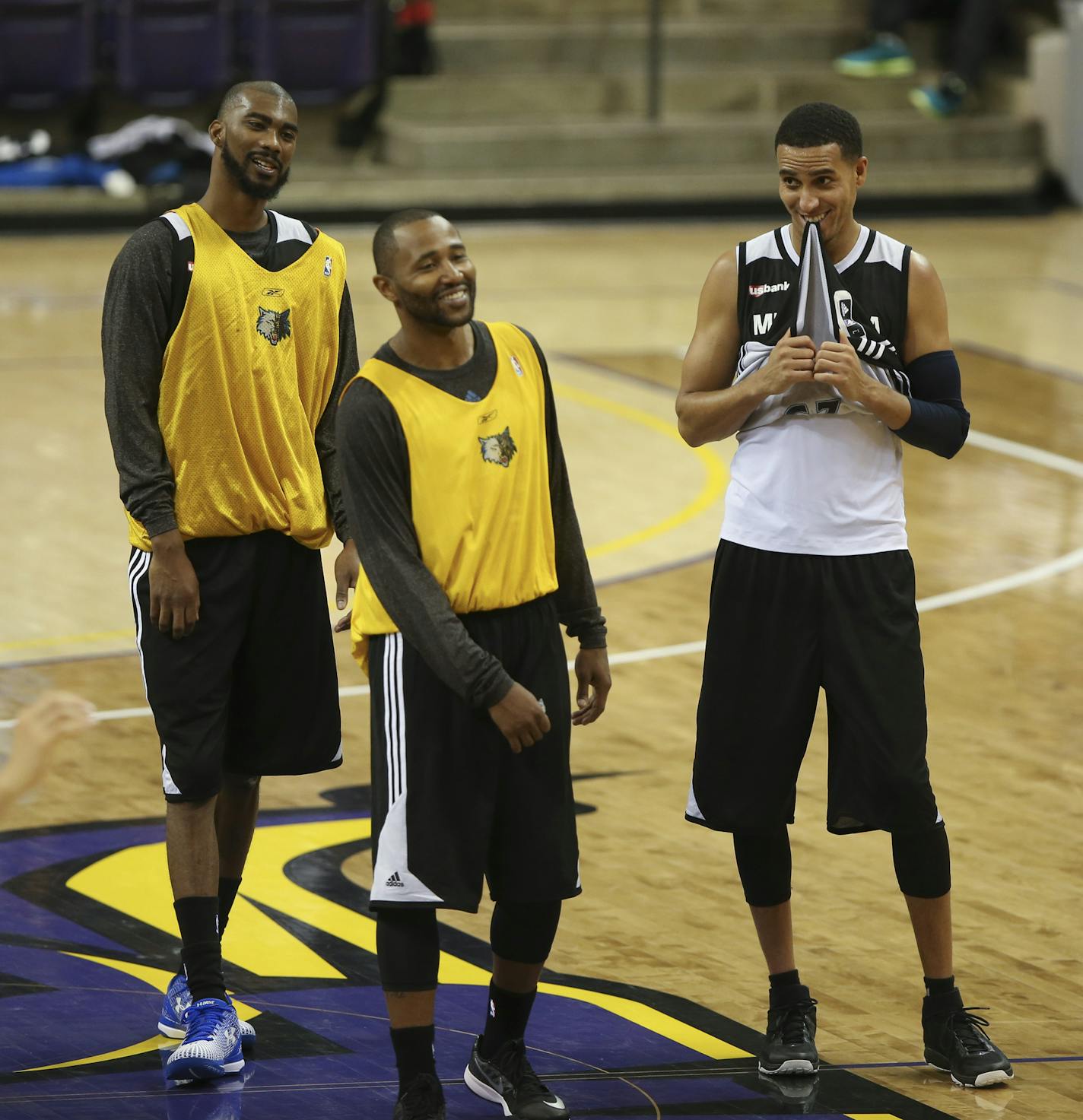 Kevin Martin, right, waited his turn to participate in a drill with Corey Brewer, left, and Mo Williams Tuesday afternoon at Bresnan Arena in Taylor Center in Mankato.