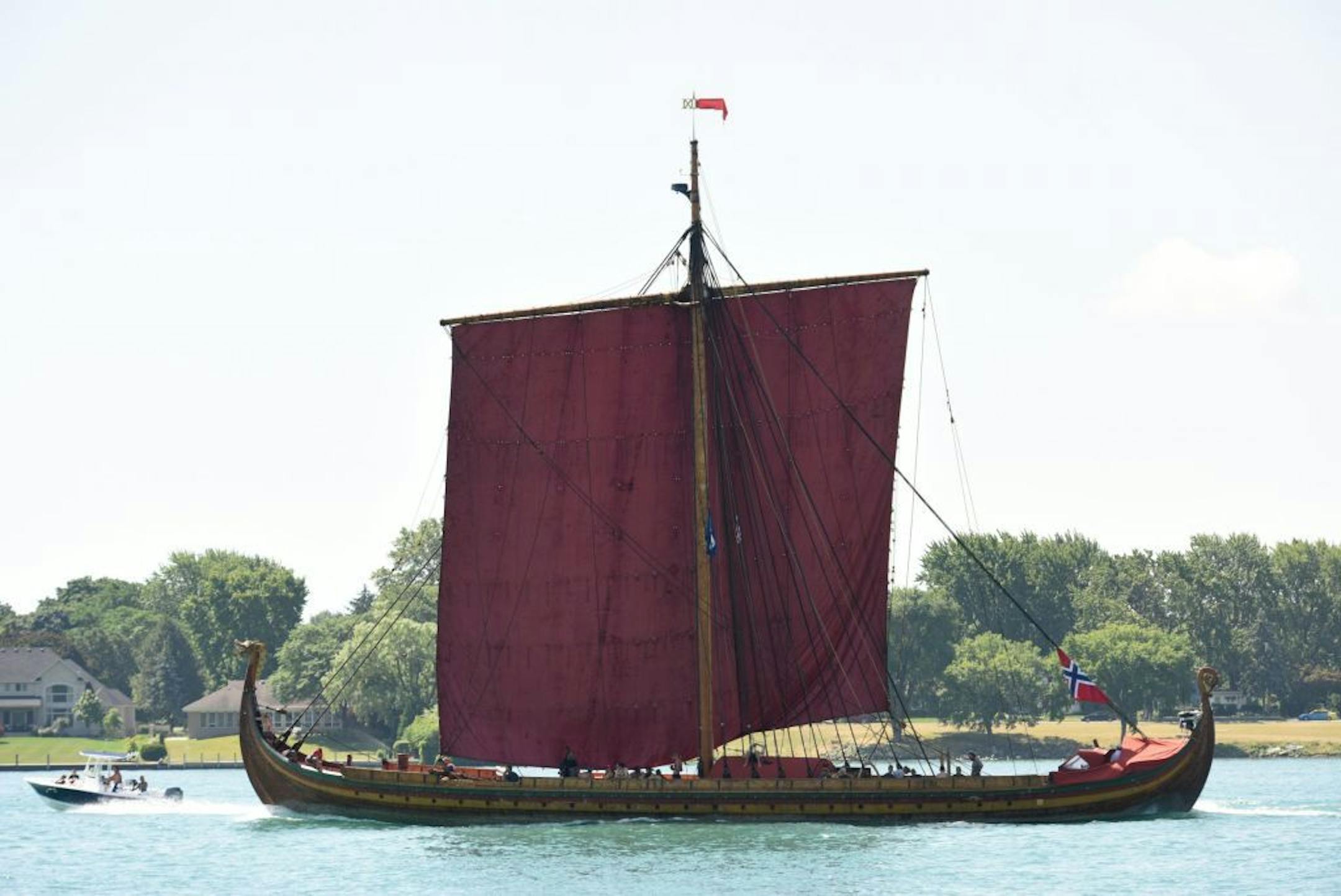 The Draken Harald H�rfagre, an 111-foot long Viking longboat which sails under the Norwegian flag, makes its way up the Detroit River on its way to Bay City for the 2016 Bay City Tall Ship Celebration, Wednesday, July 13, 2016 in Detroit.