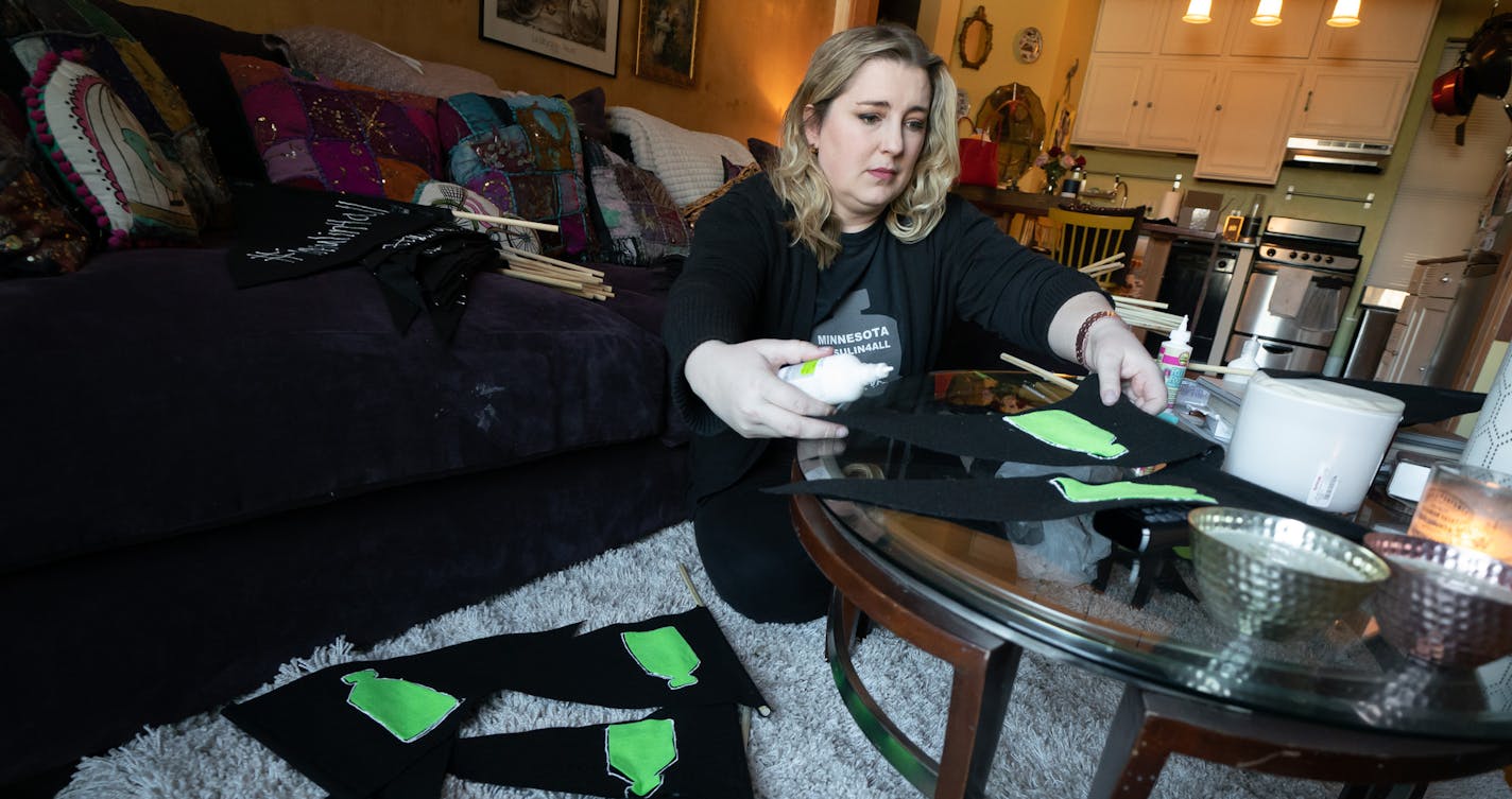 Quinn Nystrom, a diabetes activist, prepared 150 pennants for a diabetes rally to be held in the State Capitol Tuesday, March 5, at noon. ] GLEN STUBBE &#x2022; glen.stubbe@startribune.com Wednesday, February 27, 2019 EDS, she was preparing the pennants in her Minneapolis apartment.