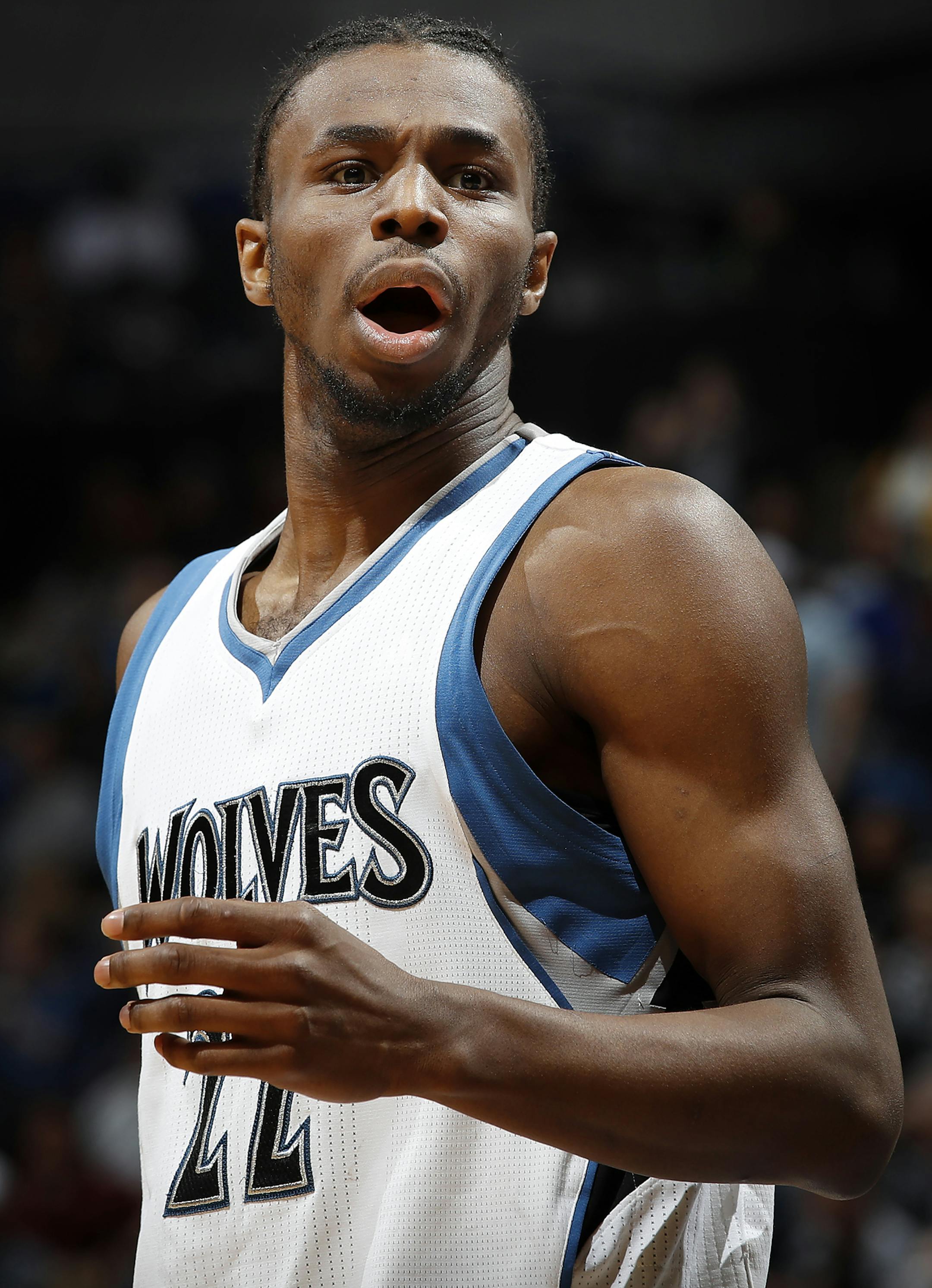 Andrew Wiggins (22) reacted to a call in the fourth quarter. ] CARLOS GONZALEZ &#xef; cgonzalez@startribune.com - April 3, 2017, Minneapolis, MN, Target Center, NBA Basketball, Minnesota Timberwolves vs. Portland Trailblazers