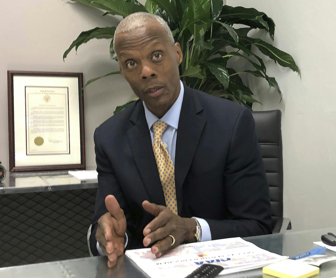 In this Thursday, Feb. 13, 2020, photo, Black News Channel Chairman J.C. Watts discusses the launch of the nations only 24-hour news network during an interview in Tallahassee, Fla. The launch followed years of planning for former U.S. Rep. Watts, who likened it too giving birth to a child. It is also made possible by the backing of billionaire businessman and Jacksonville Jaguars owner Shad Khan. (AP Photo/Brendan Farrington)