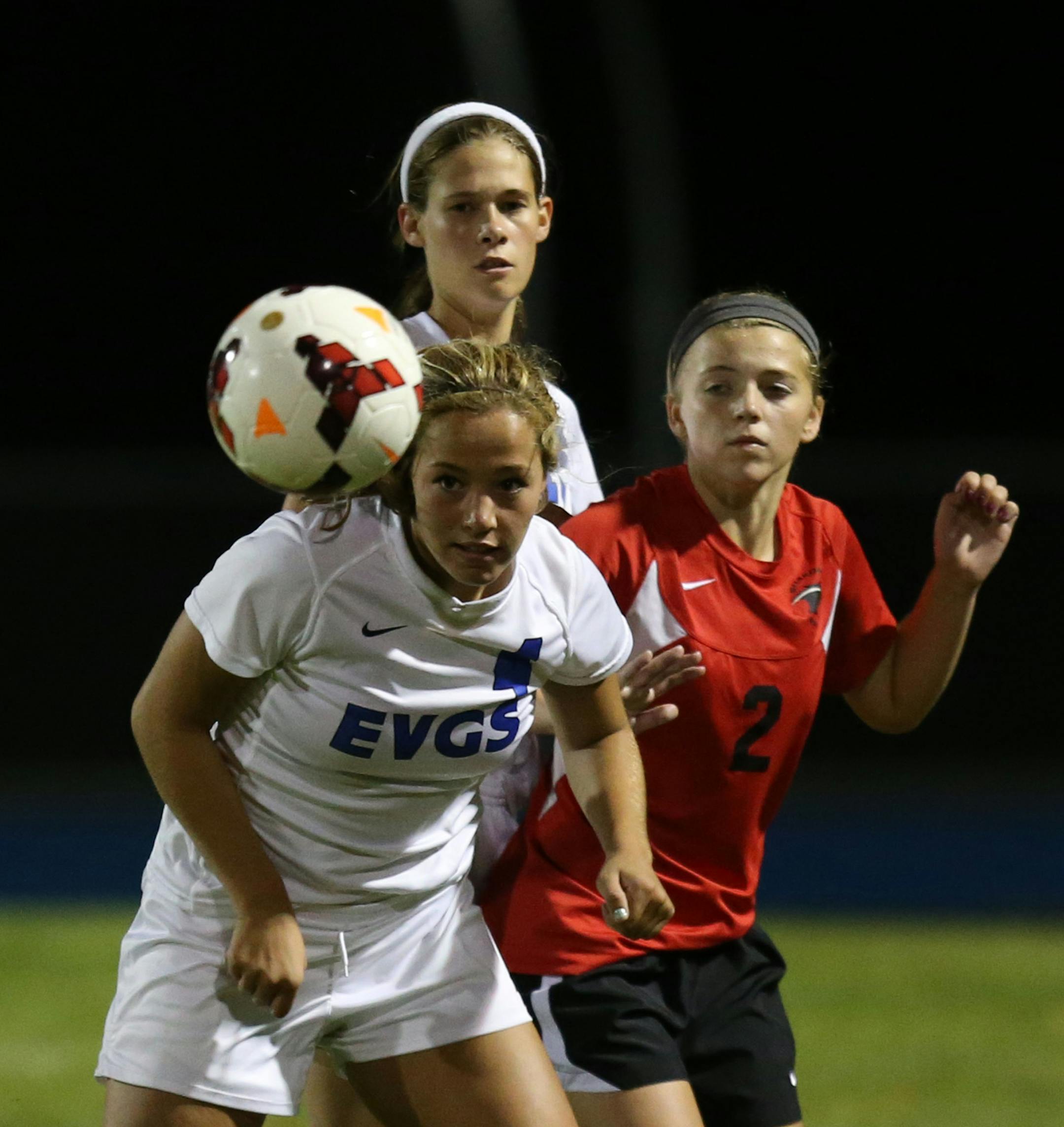 Eastview's Haley Ford headed the ball to get control of it during their game against Shakopee. ] (KYNDELL HARKNESS/STAR TRIBUNE) kyndell.harkness@startribune.com Eastview vs Shakopee in Apple Valley Min., Tuesday, September 16, 2014.
