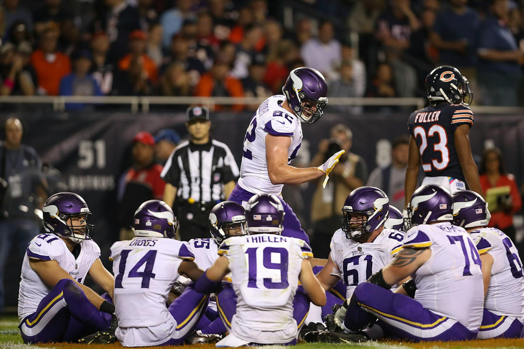 Minnesota Vikings tight end Kyle Rudolph (82) celebrated his 13 yard touchdown reception in the third quarter with a quick game of Duck, Duck, Grey Duck in the end zone.