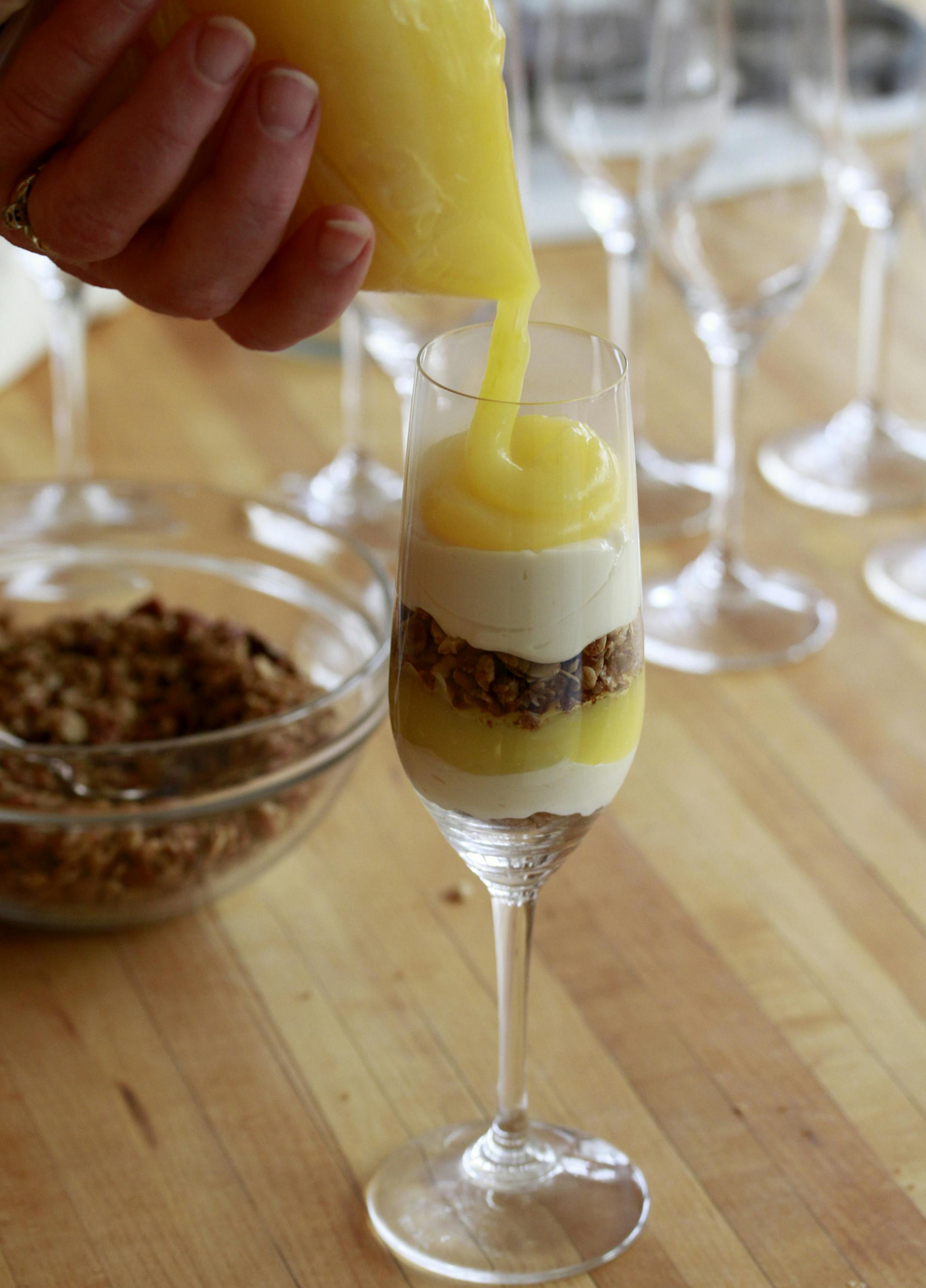 Baking Central - Lemon Lush -in progress shots - adding the lemon layer from an improvised pastry bag ] Tom Sweenet, March 18, 2015, Edina, MN