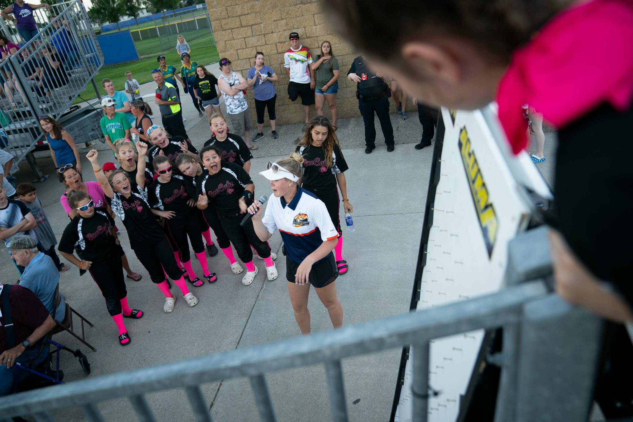 Snocat teammates cheered for Piper Engelby as she won a prize playing Planko during a game between the Aussie Peppers and the Canadian Wild in North Mankato, Minn. Wednesday, July 3, 2019. ] RENEE JONES SCHNEIDER ¥ renee.jones@startribune.com