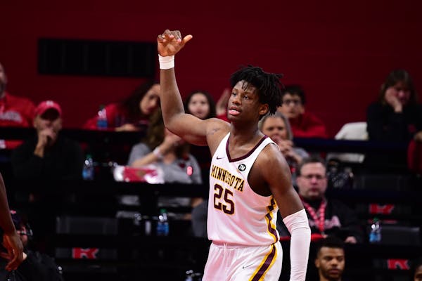 Daniel Oturu scored 20 points for the Gophers in the 68-64 loss at Rutgers on Feb. 24, 2019, in Piscataway, N.J. (Ben Solomon/Rutgers Athletics)