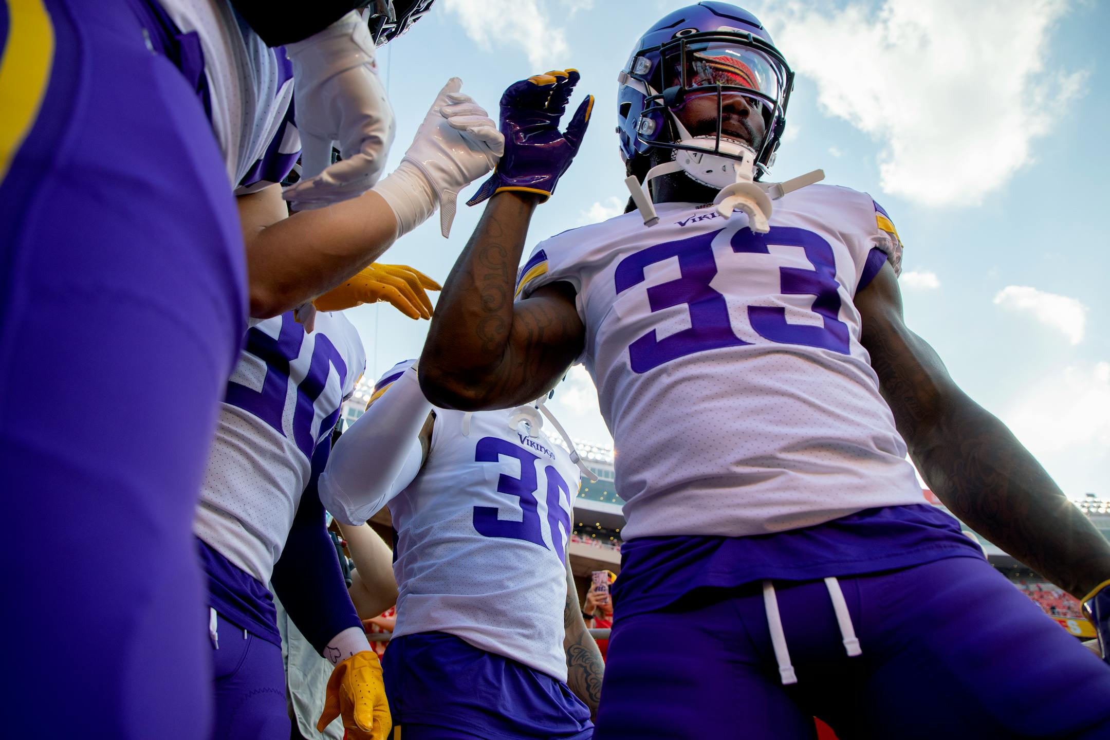 Minnesota Vikings Dalvin Cook (33) lead running backs on the field for warmups at GEHA Field at Arrowhead Stadium, Friday, August 27, 2021 in Kansas City, MO.