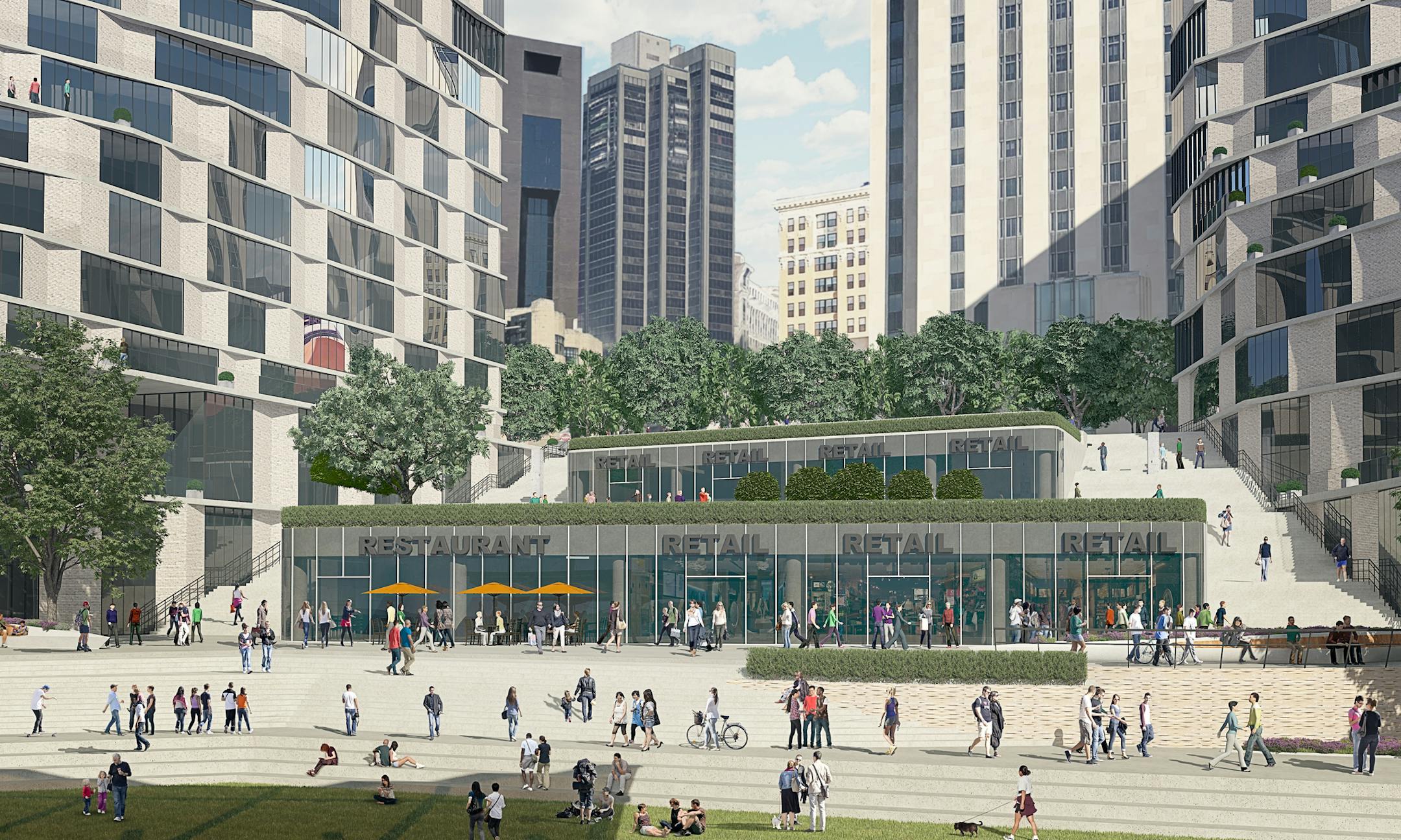 Developer AECOM's rendering of the public space that will be part of the Riverfront redevelopment in downtown St. Paul.