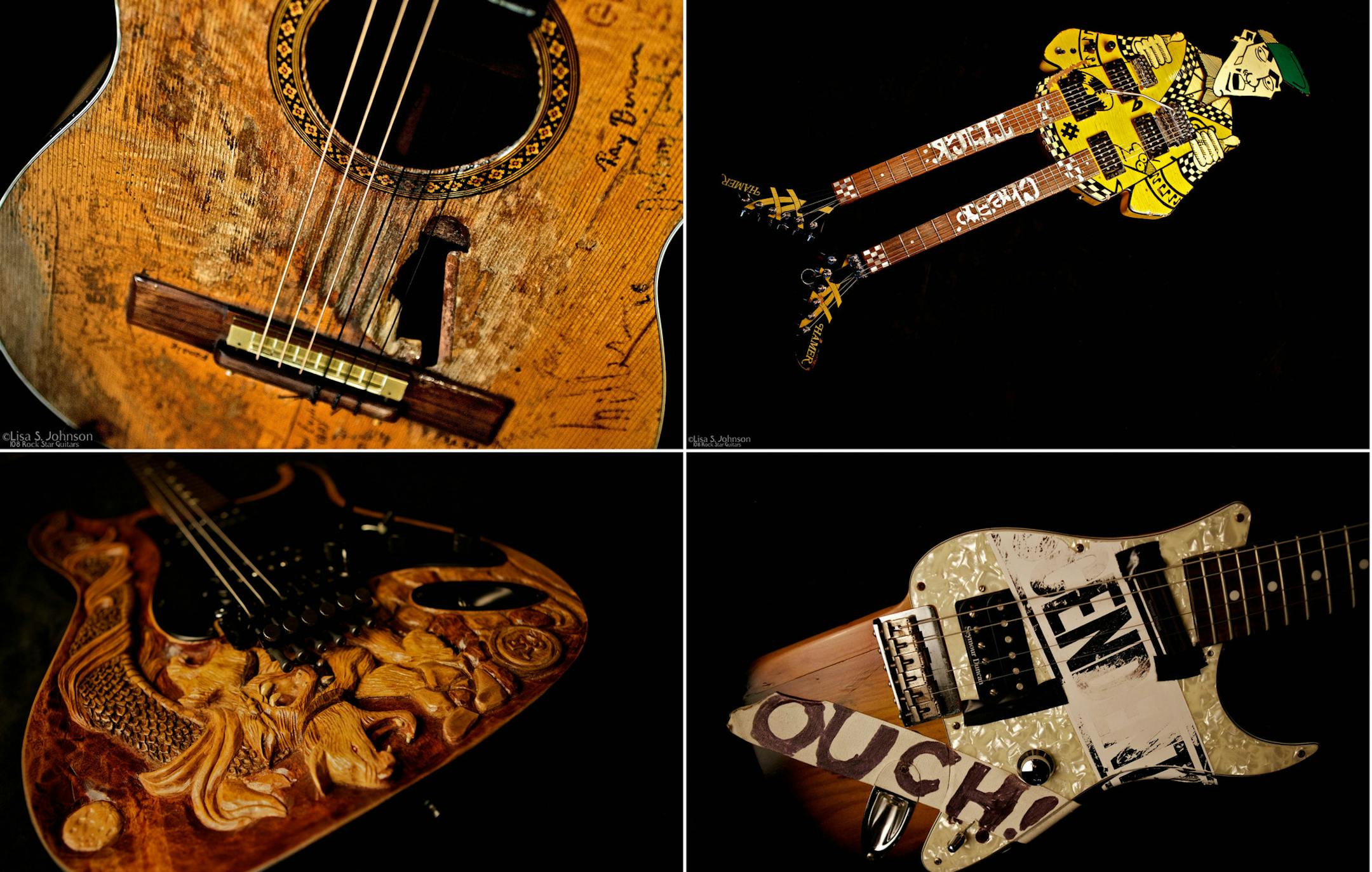This combo made from photos provided by Lisa S. Johnson shows details of guitars belonging to musicians featured in Johnson&#xed;s new book, &#xec;108 Rock Star Guitars.&#xee; Top row, from left: Willie Nelson's "Trigger," Rick Nielsen of the group Cheap Trick's &#xec;Uncle Dick&#xee;; and a guitar with scrawled jarring jargon over drawings of happy hippos belonging to Rage Against the Machine and Audioslave's Tom Morello. Bottom row, from left: a guitar from Styx's James J.Y. Young bearing an e