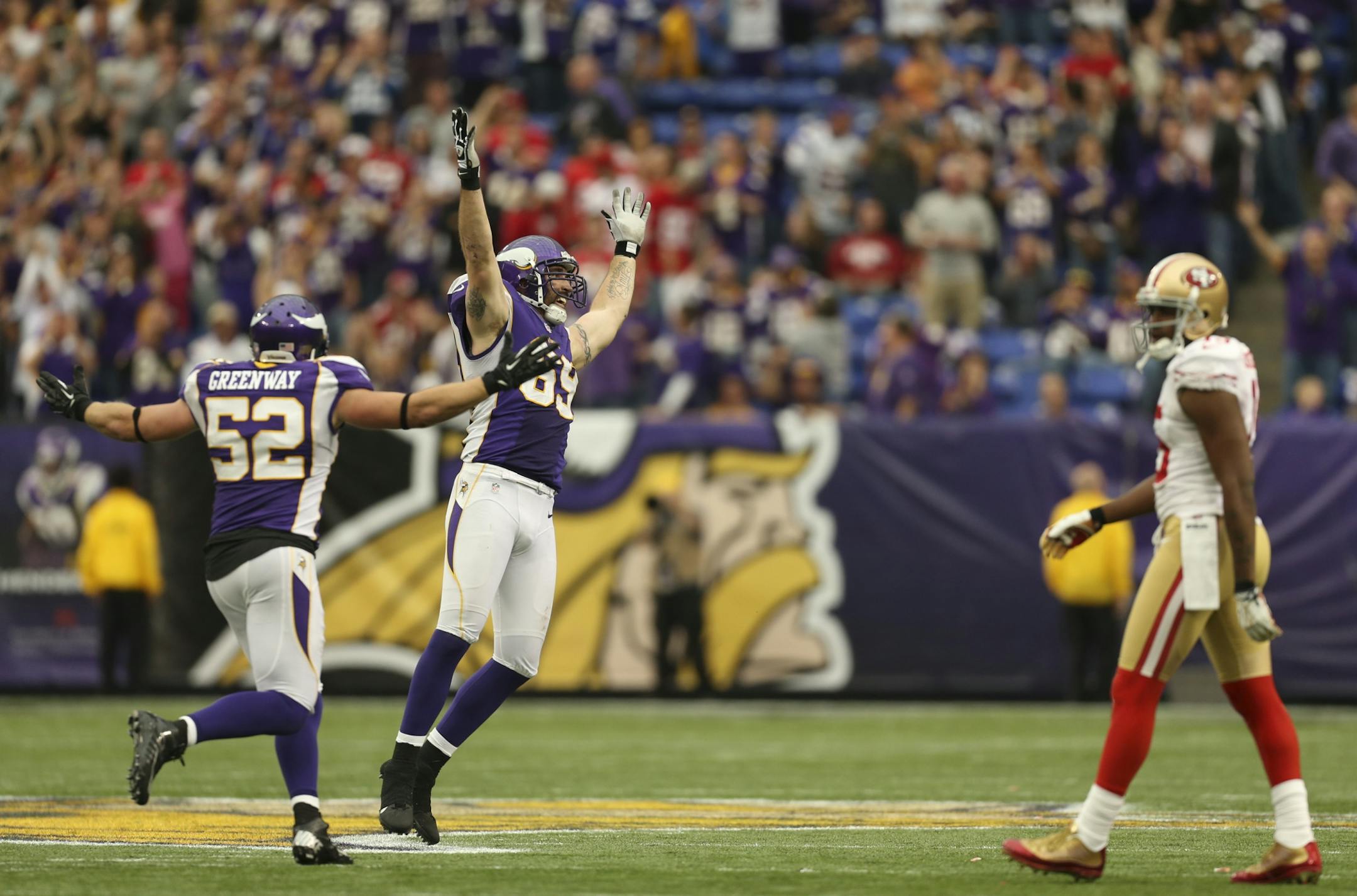 The Minnesota Vikings beat the San Francisco 49ers 24-13 in an NFL game at Mall of America Field in Minneapolis, Minn. on Sunday, September 23, 2012. The Vikings' Jared Allen celebrated his late fourth quarter sack of 49ers quarterback Alex Smith for a seven yard loss and a fumble and turnover that gave the Vikings the ball with 1:33 left in the game. Chad Greenway ran to join him at left.