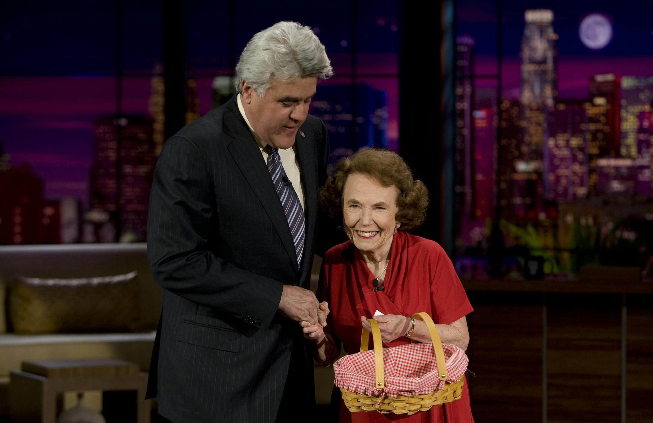 THE TONIGHT SHOW WITH JAY LENO -- Episode 3495 -- Pictured: (l-r) Jay Leno, Marjorie Johnson -- NBC Photo: Paul Drinkwater ORG XMIT: MIN2014010815043052