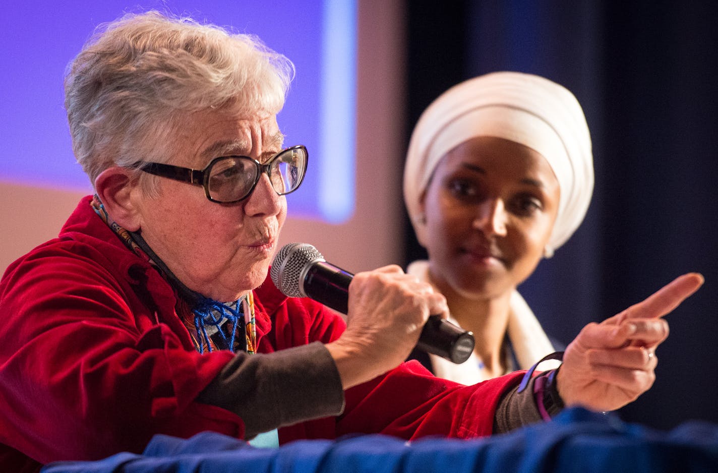 DFL Rep. Phyllis Kahn, left, took part in a Q&A session alongside fellow candidates Ilhan Omar, right, and Mohamud Noor, not pictured. ] (AARON LAVINSKY/STAR TRIBUNE) aaron.lavinsky@startribune.com DFL Rep. Phyllis Kahn, the longest serving member of the Minnesota Legislature, faces two insurgent DFL challengers from the Somali community. Her endorsement battle Saturday could be the end of her political career if she loses. She has said she will not run in a primary in the DFL stronghold, which