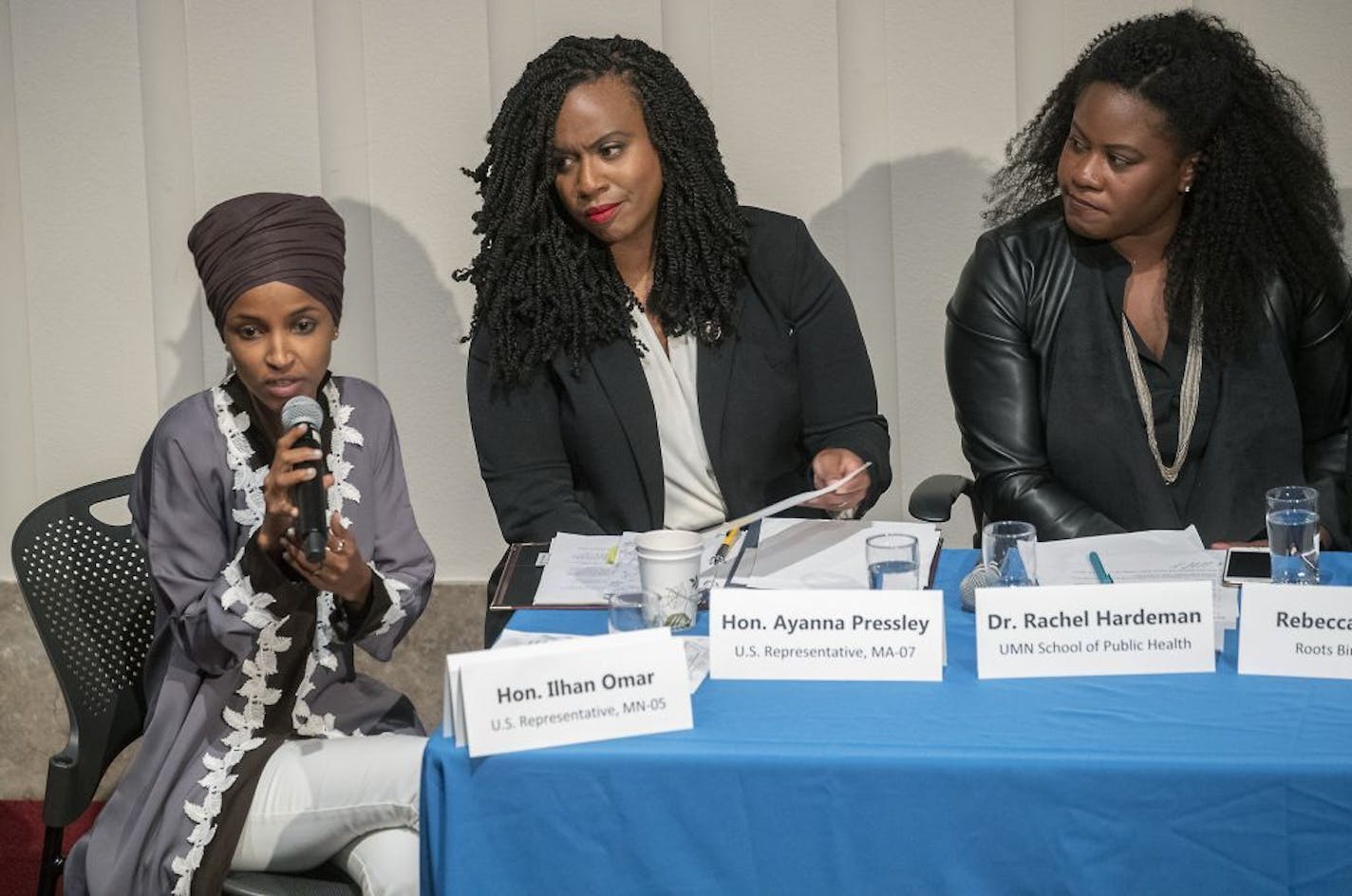 U.S. Representative Ilhan Omar, left, joined U.S. Representative Ayanna Pressley, center, UMN School of Public Health's Dr. Rachel, Hardeman, right, and other Congressional Black Caucus members as they discussed a variety of issues pertaining to the black population, including maternal health, at the University of Minnesota School of Public Health, Thursday, August 29, 2019 in Minneapolis, MN.