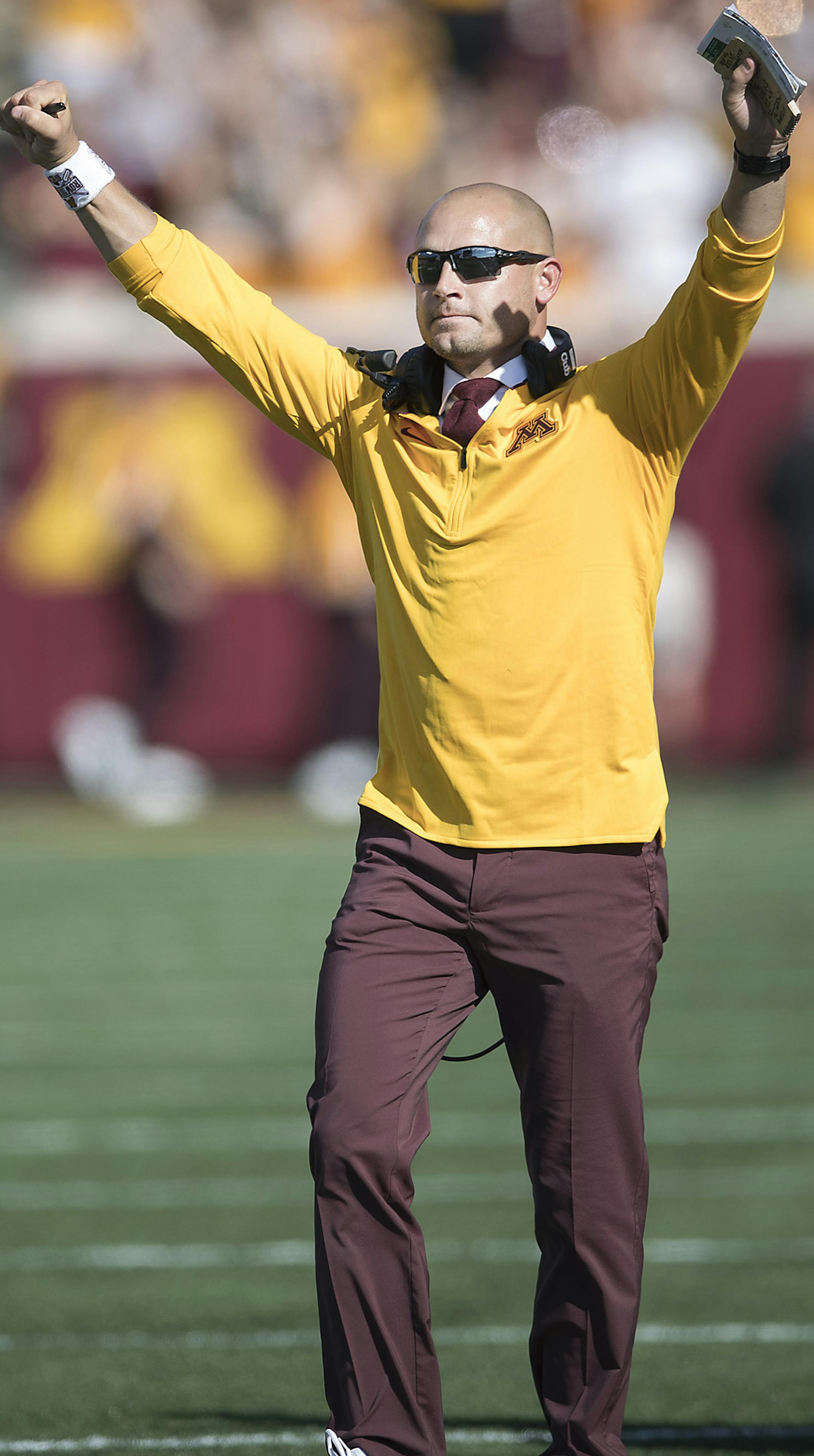 Minnesota's Head Coach P. J. Fleck celebrated a safety in the second quarter Minnesota took on Miami (Ohio), Saturday, September 15, 2018 in Minneapolis, MN. ] ELIZABETH FLORES ï liz.flores@startribune.com