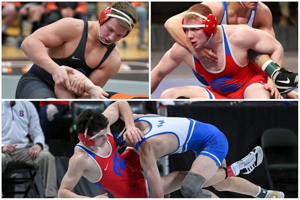 Simley’s Gavin Nelson (top left), Soren Herzog and Travis Smith (left in bottom photo) are among active wrestlers who have had a 50-victory season. 