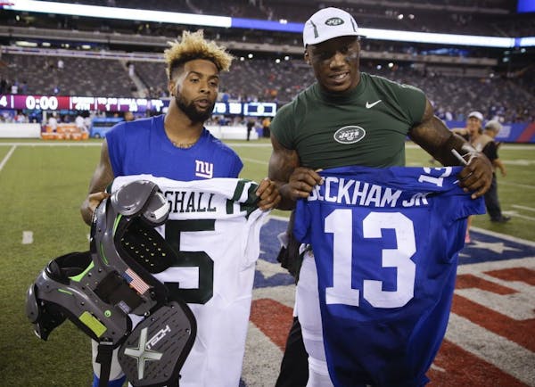 FILE - Odell Beckham Jr. and Brandon Marshall are now teammates with the New York Giants.