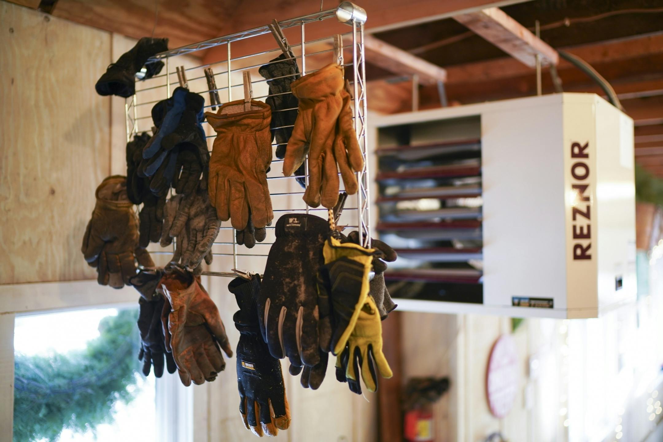 Workers' gloves dried in the office/warehouse at Krueger's Christmas Tree Farm.