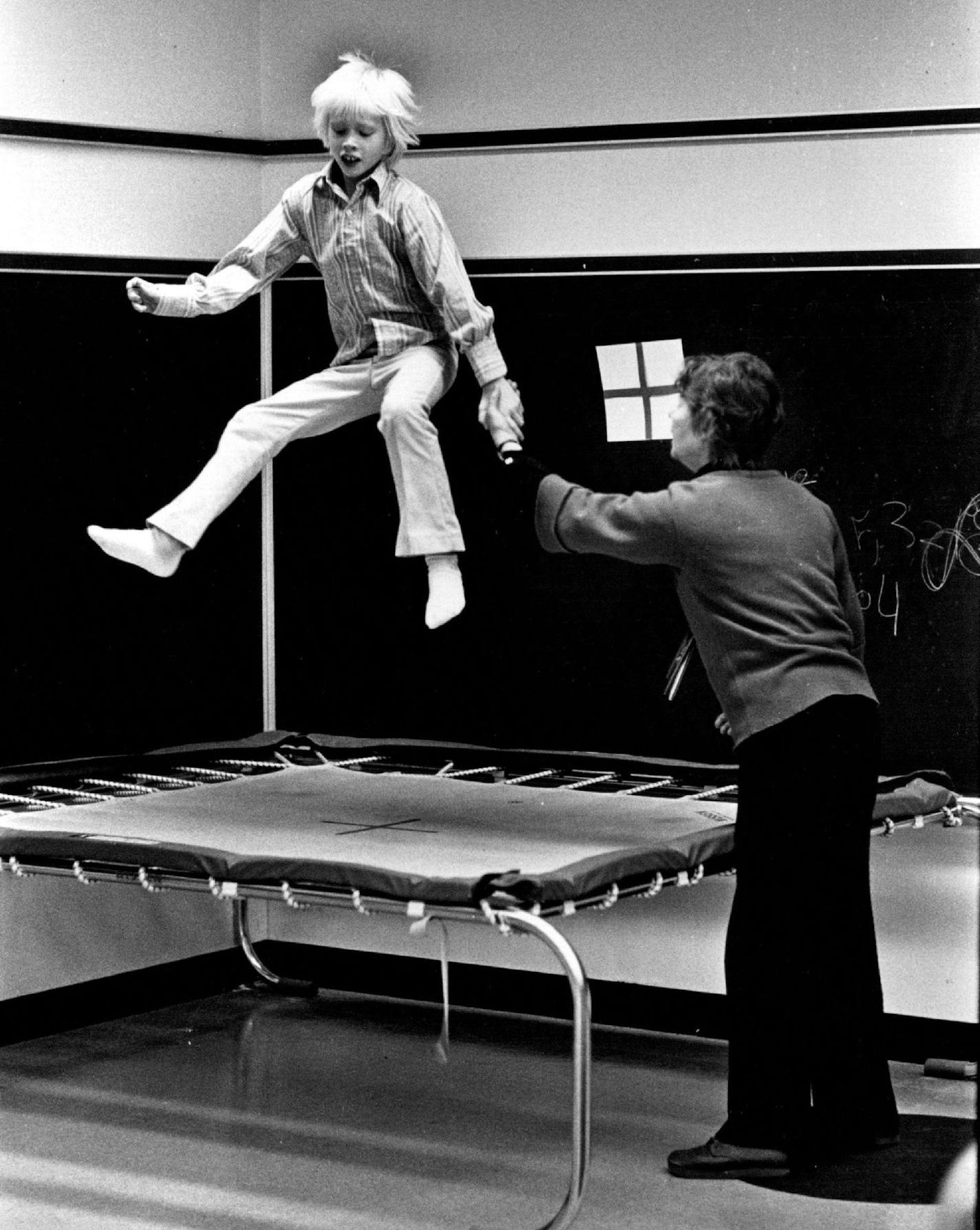 December 3, 1975 Doing trampoline stand-sit-stand to measured rhythm. February 1, 1976 John Croft, Minneapolis Sunday Tribune; Picture Magazine