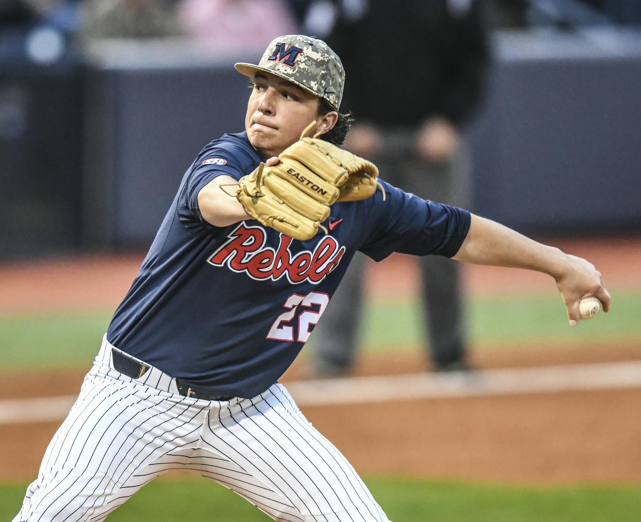 Mississippi's Ryan Rolison pitches against LSU during a college baseball game in Oxford, Miss., Thursday, April 26, 2018. (Bruce Newman/The Oxford Eagle via AP)
