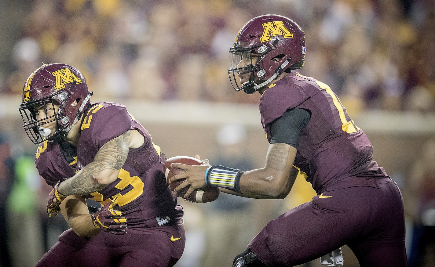 Shannon Brooks, left, and Demry Croft were part of a methodical, but perhaps somewhat boring, Minnesota offense on Thursday. That less-than-thrilling offense got the win, however, and the Gophers are 1-0.