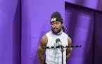 Minnesota Vikings running back Dalvin Cook addresses reporters during an NFL football media availability Wednesday, Nov. 10, 2021, at TCO Performance 
