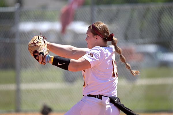 Minnesota pitcher Amber Fiser (13) throws to home plate during an NCAA college softball game against Rutgers on Friday, March 12, 2021, in Leesburg, F