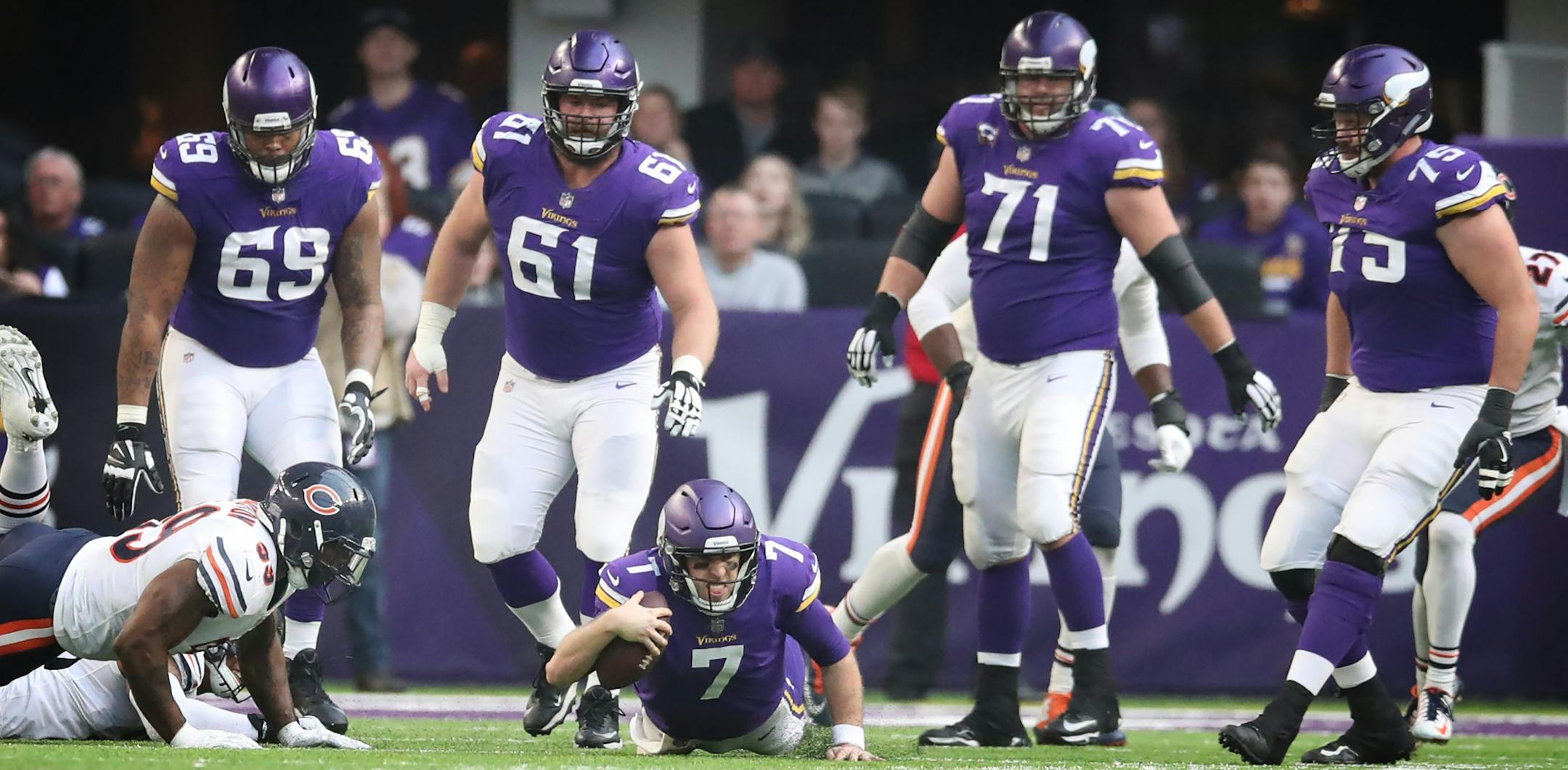 Minnesota Vikings quarterback Case Keenum (7) sacked by Chicago Bears linebacker Lamarr Houston (99) in the second quater at U.S. Bank Stadium Sunday December 31, 2017 in Minneapolis, MN.