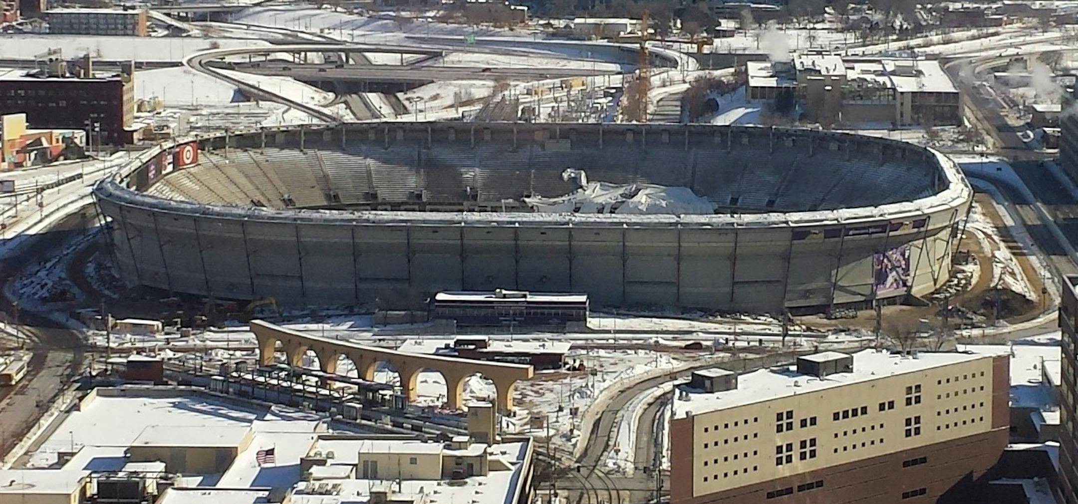 The metrodome after roof support cables were severed Sunday. An explosion inside the Metrodome that prompted calls to Minneapolis police wasn't accidental and wasn't unplanned. It was the crews demolishing the structure detonating explosives to sever the cables that once held the roof up. Here is the stadium as viewed from 6th St. & 3rd Ave. S. Pohto: Special to Star Tribune - Chuck Segelbaum of Golden Valley