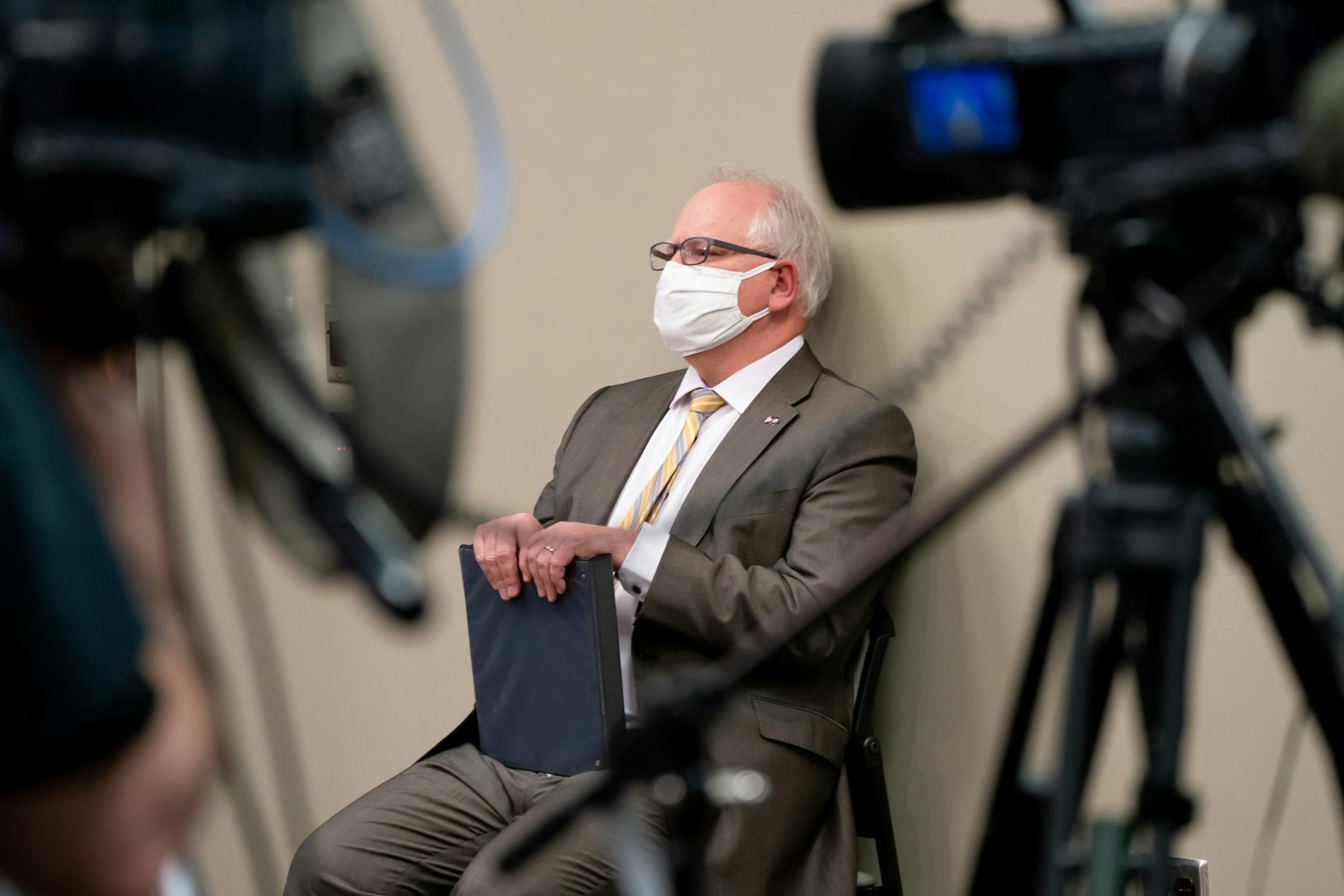 Governor Tim Walz listened as Health Commissioner Jan Malcolm spoke during the press conference. They held a press conference today with MMB Commissioner Myron Frans to discuss the State of Minnesota's budget projection.