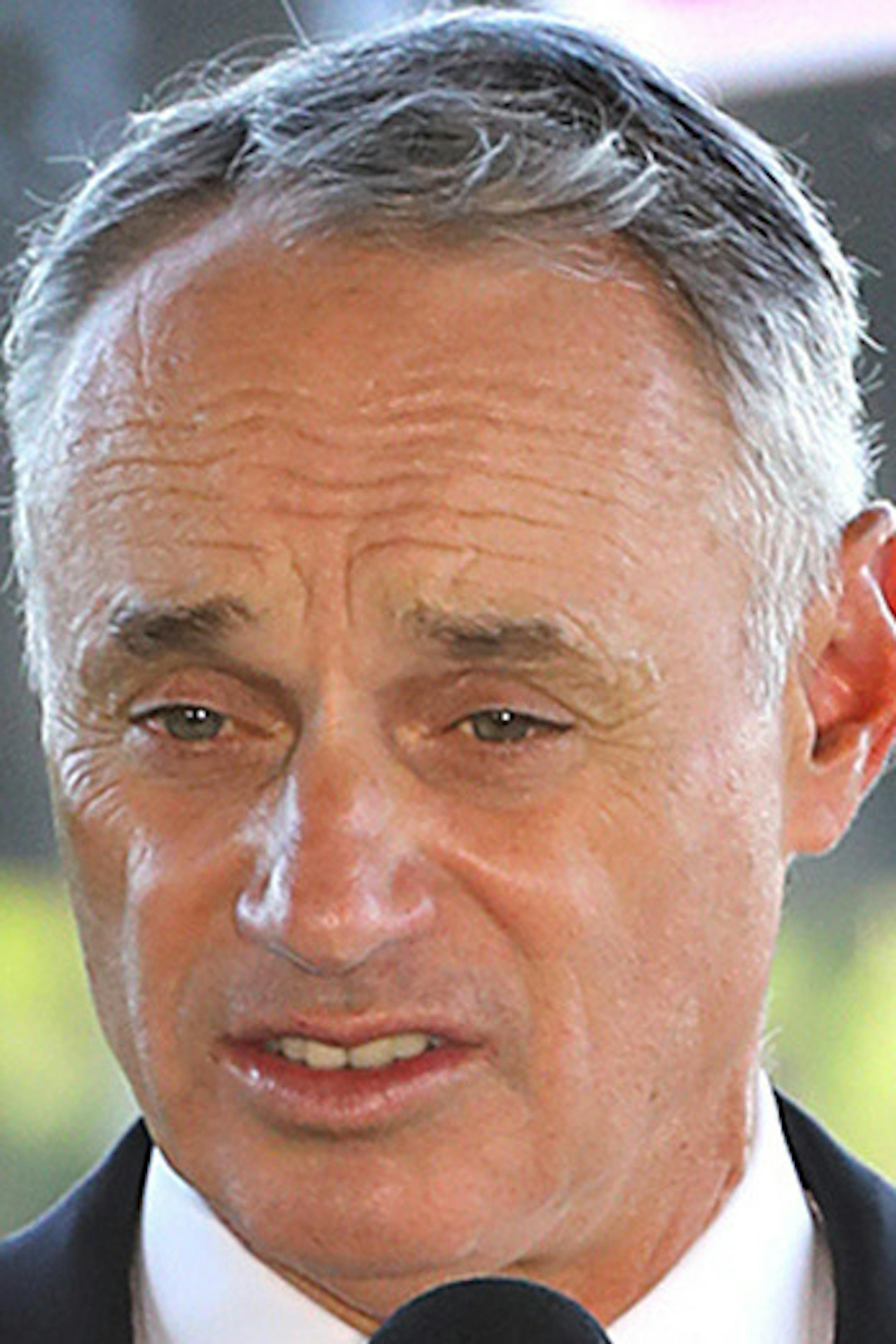Major League Baseball Commissioner Rob Manfred takes questions about the Houston Astros while holding his press conference during the "Florida Governor's Dinner" kicking off spring training at the Atlanta Braves CoolToday Park on Sunday, Feb. 16, 2020, in North Port, Fla. (Curtis Compton/Atlanta Journal-Constitution/TNS)