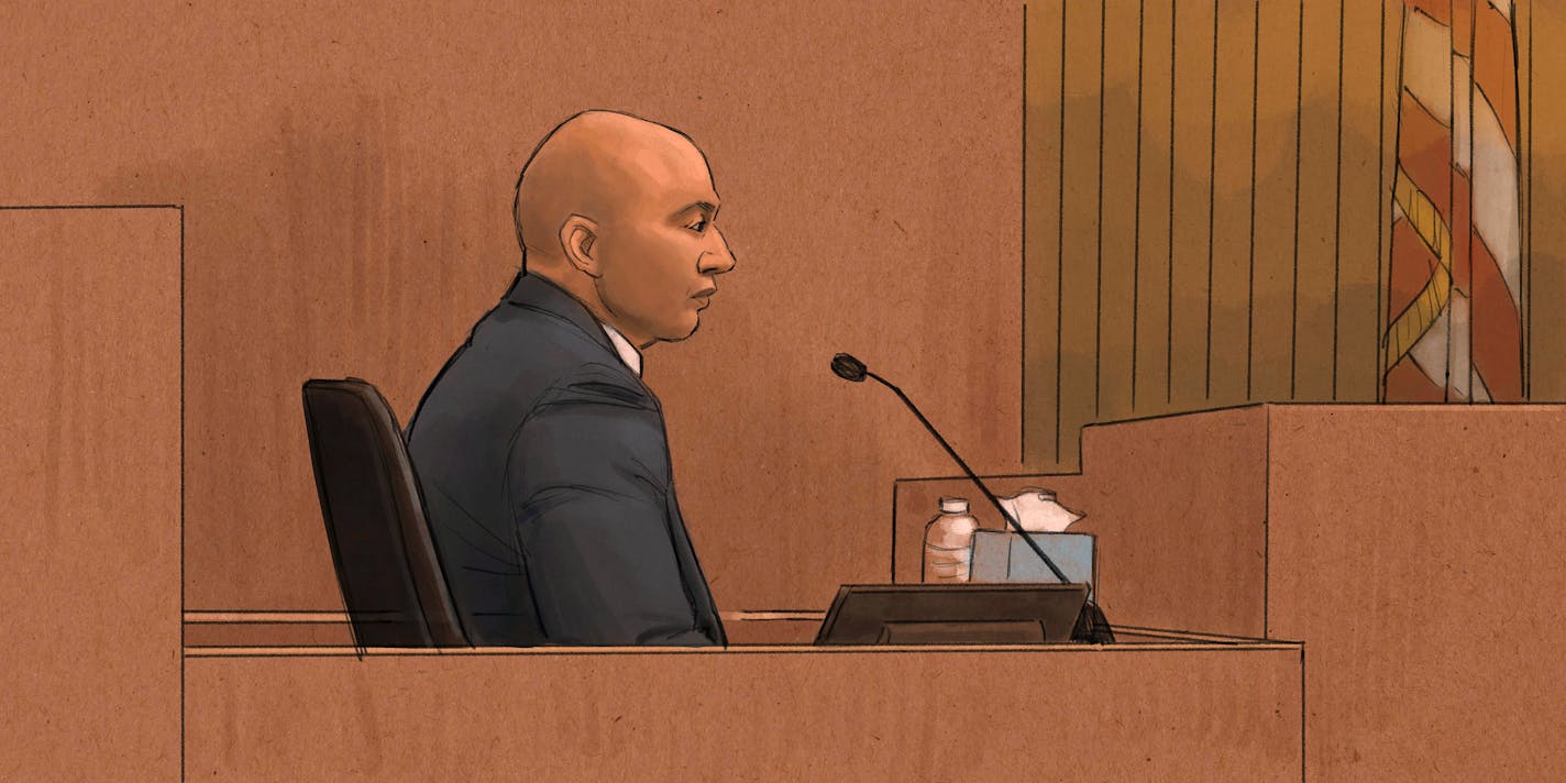 In this courtroom sketch, former Minneapolis Police Officer J. Alexander Kueng testifies during his trial in the killing of George Floyd in federal court in St. Paul, Minn., on Wednesday, Feb. 16, 2022. Kueng is one of three former officers charged in federal court with violating Floyd's constitutional rights when Officer Derek Chauvin pressed his knee into Floyd's neck for 9 1/2 minutes as the 46-year-old man was handcuffed, facedown on the street. (Cedric Hohnstadt via AP)